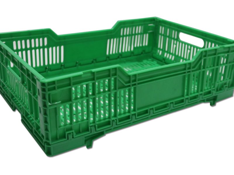 Caixa plástica vazada dobrável CD180 35 Litros / 25 Kg verde com fundo vazado - Laterais vazadas para empilhamento
